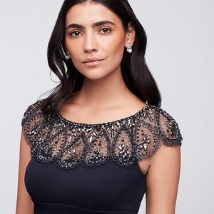 Long Cap Sleeve Party Dress With Beaded Neckline